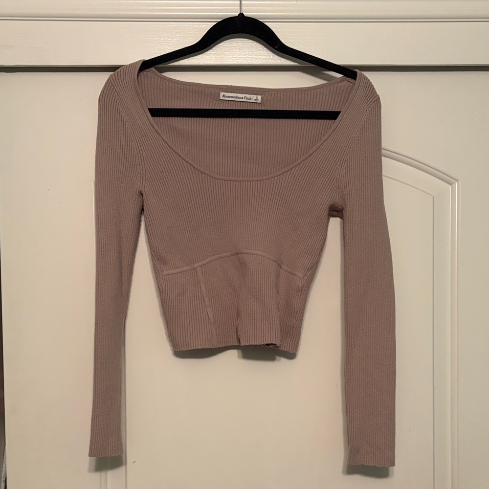 Abercrombie & Fitch Beige Ribbed Long Sleeve Top